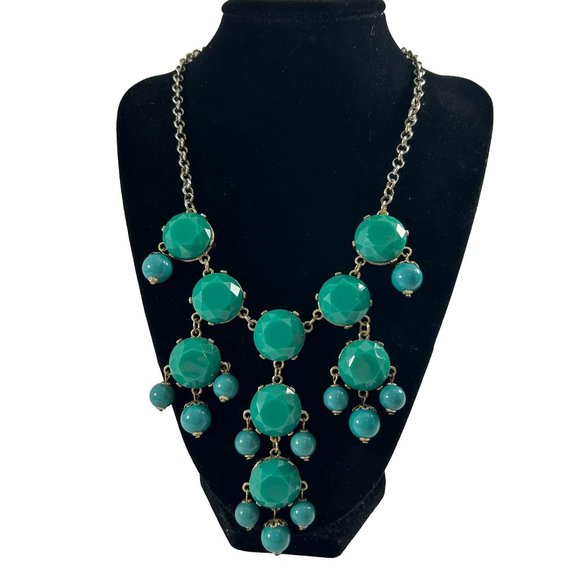 Silver Tone Necklace Green Dangle Beaded Bib Statement 17"-21" - Picture 1 of 4